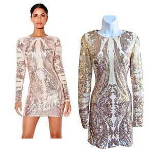 LULUS Mirasol Rose Gold Sequin Long Sleeve Bodycon Mini Dress Size XS